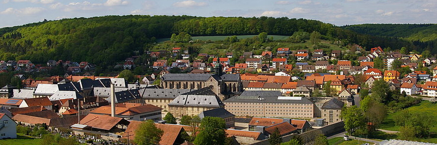Sicht auf Stadt mit grünen Hügeln und Bäumen im Hintergrund