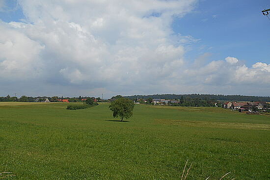 Grüne Wiese mit einem Dorf am Horizont bei blauem Himmel mit großen Wolken