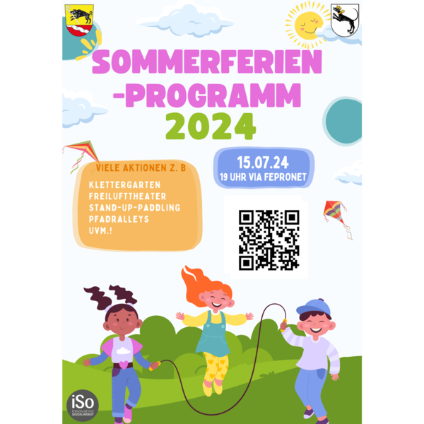 Plakat mit spielenden Kindern und QR-Code zum Ferienprogramm